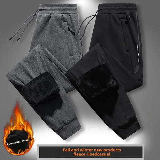 Herbst/Winter Fleece-gefütterte Herren-Hose mit Reißverschluss, warmes Fuß, Freizeithose, Übergröße, lockere Passform, gerade Bein-Jogginghose, trendig.