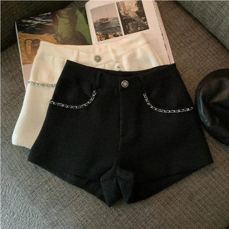Fashion Tweed High Waist Women Shorts Autumn Winter Slim Office Woolen Black Shorts Women