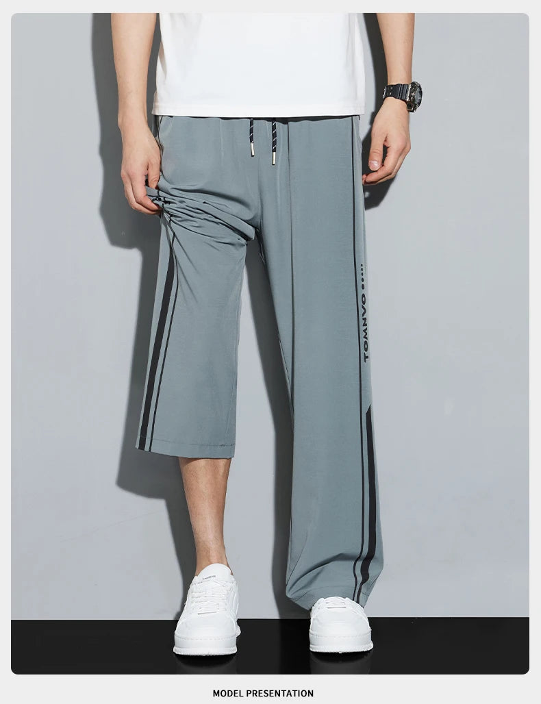 2025 Summer Ice Silk Casual Pants Boys Casual Peplum Pants Handsome Straight Colorblocking Sports Pants.
