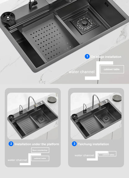 Kitchen Sink Stainless Steel Large Single Slot Multifunctional Tank Wash Basin With Waterfall Faucet Lowe Price