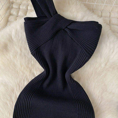SINGREINY Einzelnen Schulter Tinte Stricken Kleid Backless Tank Gestreiften Schlank Bodycon Sommerkleid Frauen Sommer Beachwear Sexy Chic Vestidos