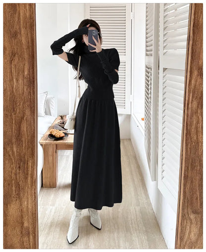 VigoAnne Spring Autumn 2025 Turtleneck Knit Woman 2 Piece Set Casual Solid High Waist Skirts Suits Korean Lady Long Dress Suit.