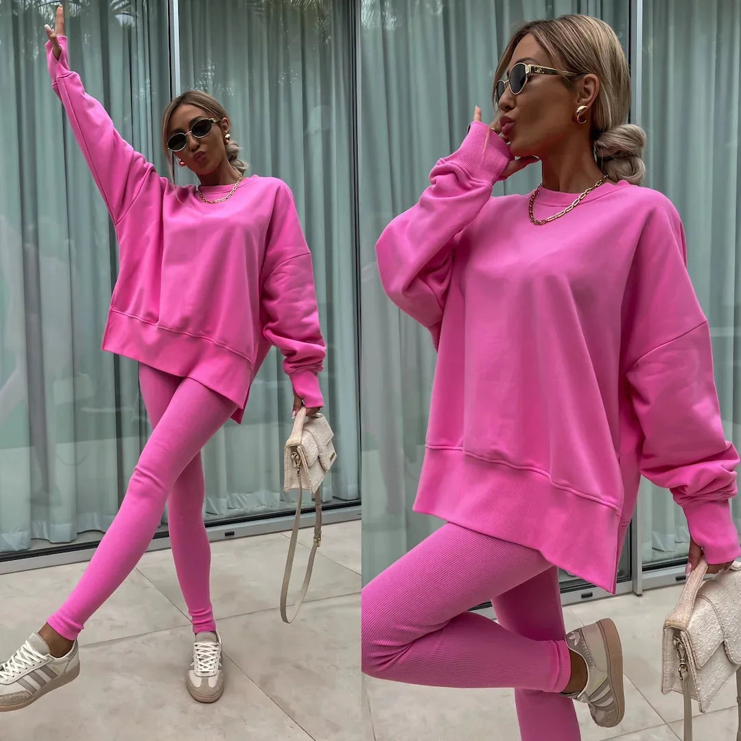 Women Pant Sets Two Pieces Tracksuit Solid Loose Sweatshirts Split Pullover Pencil Pants High Street Autumn Winter 2024.