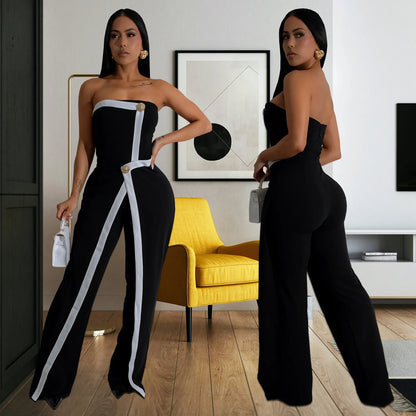 Elegant Sleeveless Wrap Chest Women's Button Strapless Irregular Jumpsuits 2025 One PieceWide Leg Outfits Night Club Streetwear.
