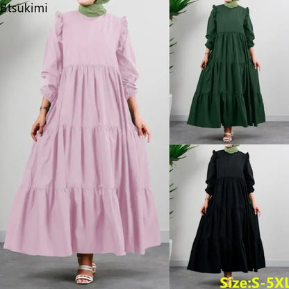 2025 Vintage Solid Muslim Dresses Women Dubai Abaya Islamic Maxi Dress Robe Females Elegant Sweet Party Sundress Kaftan Vestidos.
