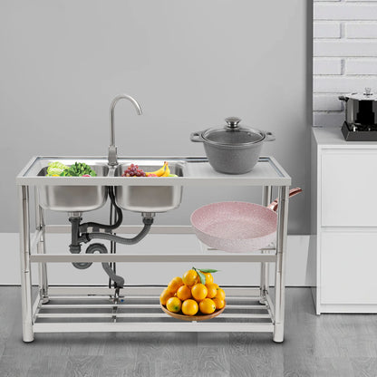 Doppelschüssel-Waschbecken aus Edelstahl mit Werkbank, freistehendes Waschbecken mit Abtropfbrettern-Wasserhahn, jede Spülbeckengröße 33 x 33 x 18 cm, Silber