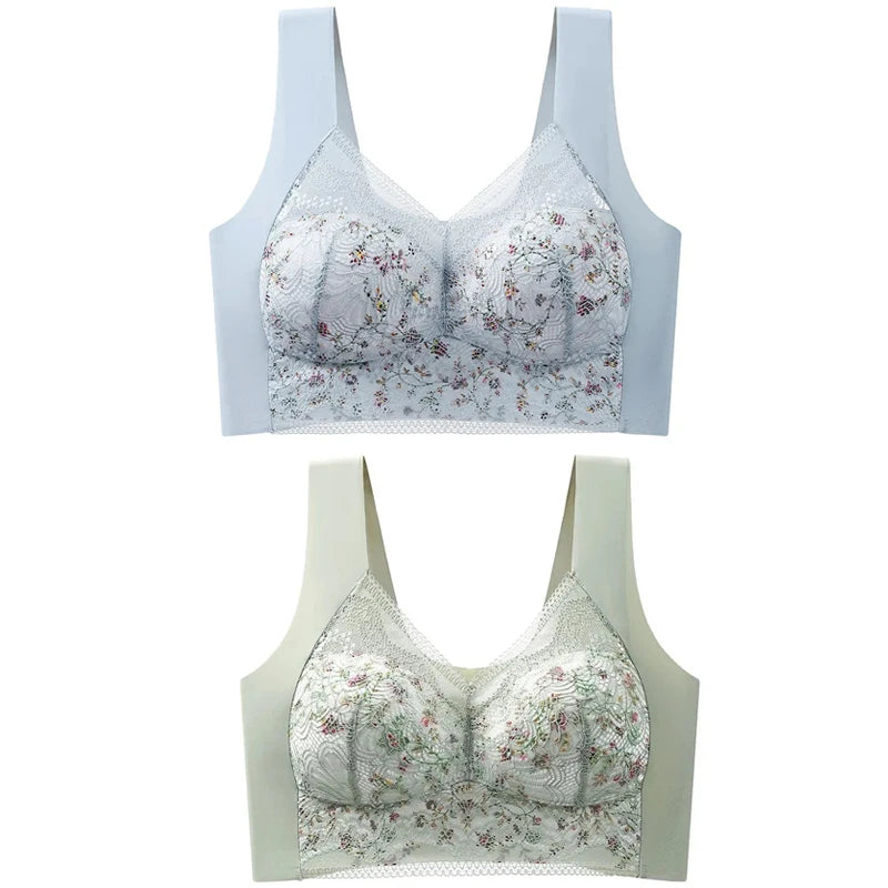 2pcs Womens Seamless Ice Silk Full Cup Bras No Steel Ring Support Lace Bralette Large Size Brassiere Comfort Ventilate Underwear.