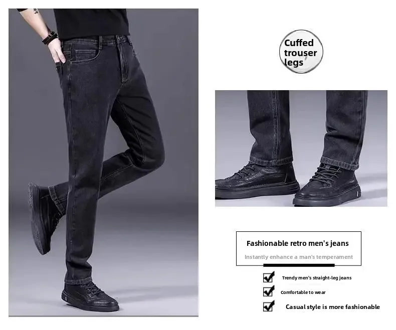 High-End Men's Fleece-Lined Thick Stretchy Straight Leg Jeans 2025 New Style Loose Fit Smoke Grey Trousers for Men.