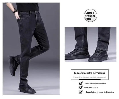 High-End Men's Fleece-Lined Thick Stretchy Straight Leg Jeans 2025 New Style Loose Fit Smoke Grey Trousers for Men.