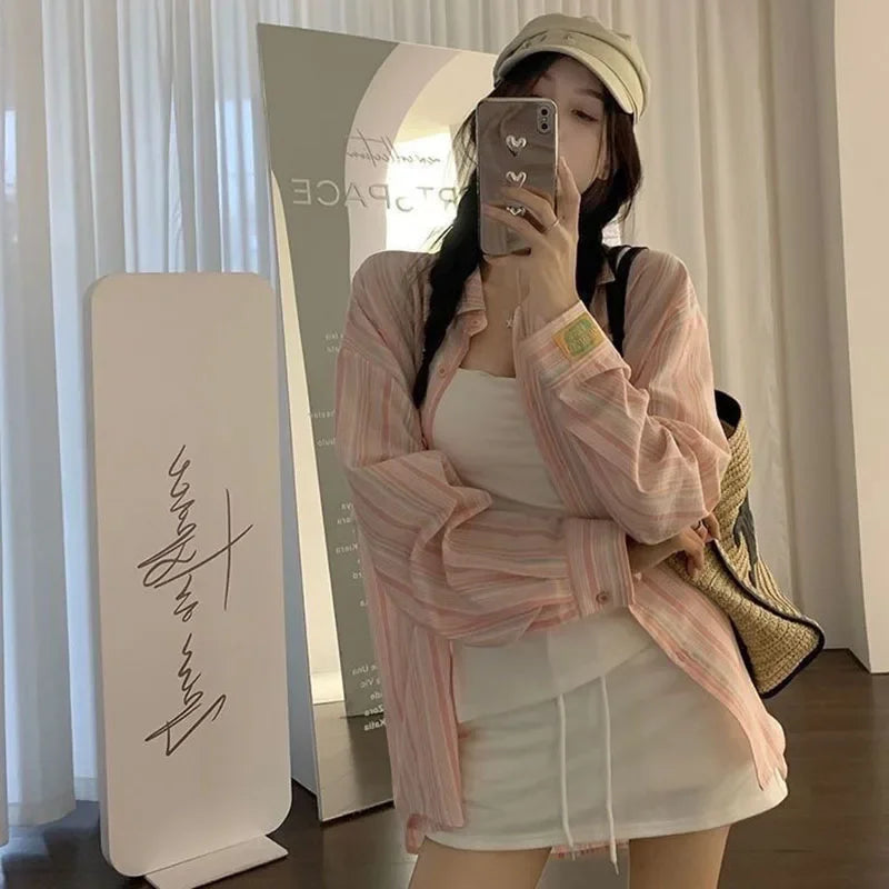 Pink Striped Shirt Women Korean Style Loose Long Sleeved Button Up Blouse Ladies Autumn New Wild Streetwear Casual Shirts 2025.