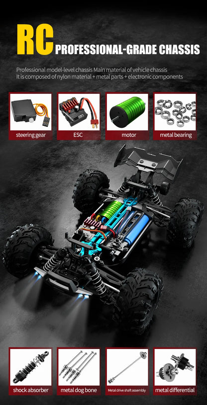 Teeggi 16101 /16102 PRO 1:16 High Speed RC Car With LED Light Drift 70KM/H 4WD RC Off-Road Car Monster Truck Toy For Kid Gifts.