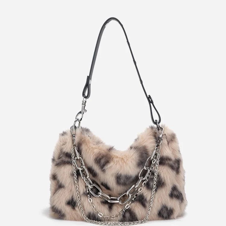 New Faux Fur Leopard Shoulder Bag Women's Autumn Winter Chain Handbags Ladies Leopard Print Clutch Purses Fluffy Top Handle Bags.