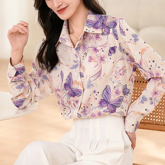 Fashion Korean Casual Women's Long Sleeve Butterfly and Flower Printed Shirt Office Lady Tops.