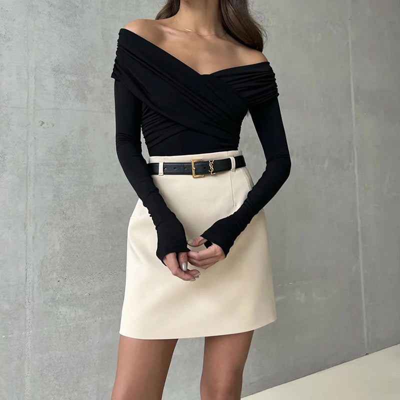 AVV Sexy Cross Pleated Off Shoulder Long Sleeve Skinny Bodysuit Ladies Hot Sexy 2024 One Piece Basic Autumn＆Spring Tops.