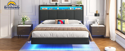 Metallbettgestell 140 x 200 cm mit LED-Beleuchtung, Kopfteil und Ladestation, integriertes Metallbett 140 x 200 mit Gitterbraten