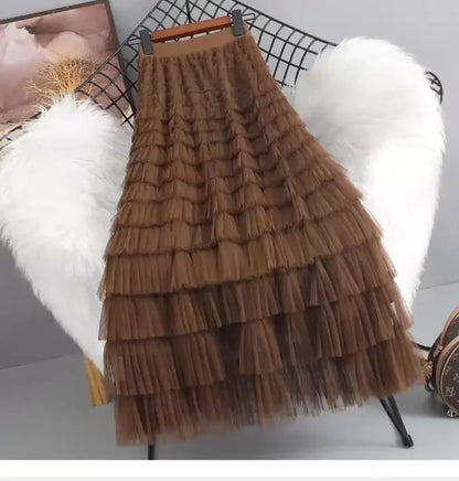Chamliforve Women Tulle Mesh Skirt Elegant Elastic Waist Fairy Long A-line Tutu Skirt for Spring Summer Long Cake Skirt