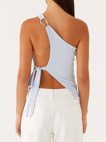 Off One Shoulder Tank Tops for Women Solid Stylish Side Tie Design Summer T-Shirt.