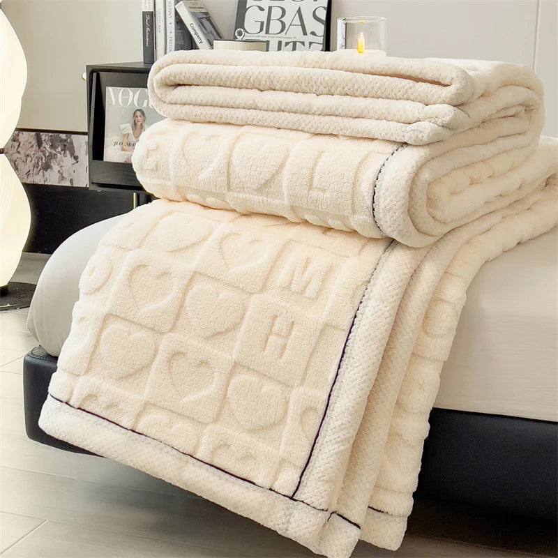 Heart Pattern Coral Fleece Blanket Autumn Winter Double Layer Thicken Warm Plush Blanket for Bed Fluffy Soft Sofa Throw Blankets.