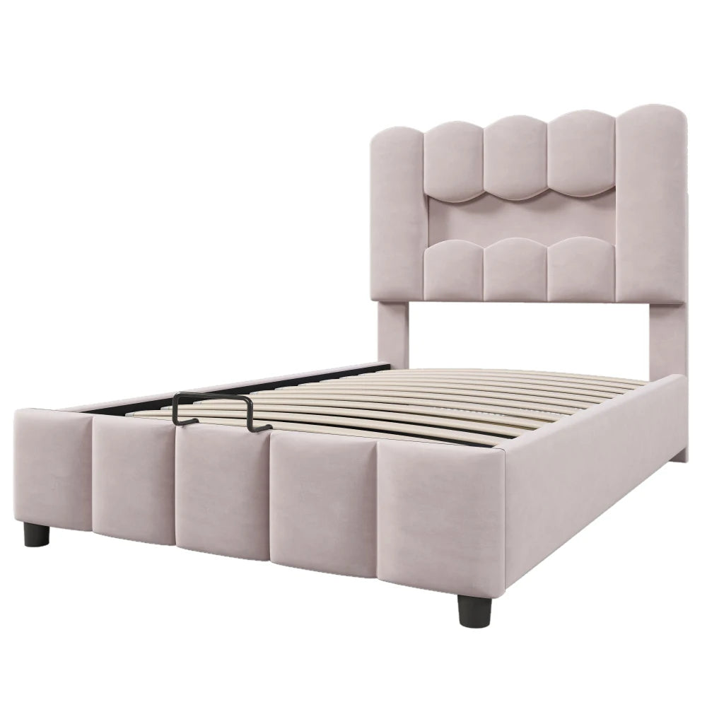 Modernes Polsterbett, 90 x 200 cm, ohne Matratze, LED-Beleuchtung, mit hydraulischem Gerät, verstellbarer Kopfteil, Samt, Grau