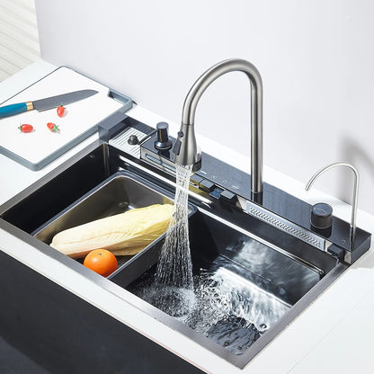 Wasserfall-Küchenspüle aus Edelstahl 304, großes Einzelschlitz-Wasserhahn-Set mit integrierter Digitalanzeige, Seifenspender, 75 x 45 cm