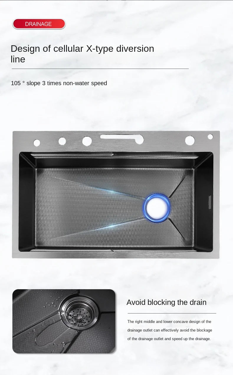 Wasserfall-Küchenspüle aus Edelstahl 304, großes Einzelschlitz-Wasserhahn-Set mit integrierter Digitalanzeige, Seifenspender, Tassenwascher