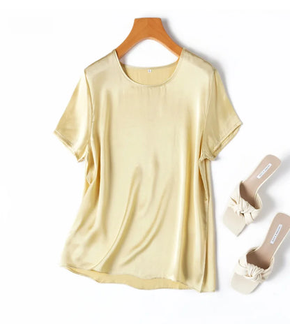 Women 100% Mulberry Silk 19 Momme half sleeve Crew Neck Top Shirt Blouse T-shirt More Colors M L XL MM4270