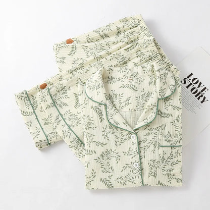 Pajamas pure cotton three-piece set spring and summer thin crepe autumn gauze lapel short-sleeved trousers shorts loungewear set