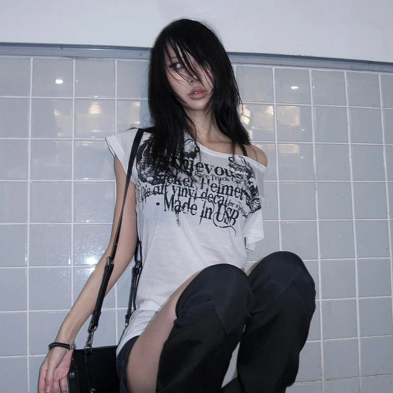 Karrram Japanese Y2k Letter Print T-shirt Trashy 2000s Style Tattoo T Shirt Vintage Harajuku Short Sleeve Sheer Tops Grunge Goth.