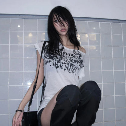 Karrram Japanese Y2k Letter Print T-shirt Trashy 2000s Style Tattoo T Shirt Vintage Harajuku Short Sleeve Sheer Tops Grunge Goth.