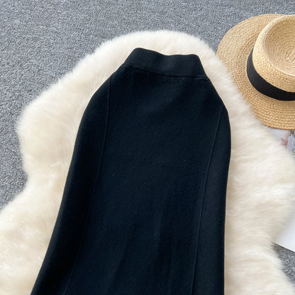 High Waisted Vintage Knitted Skirt Women Ruffled Slit Fishtail Office Midi Skirts Autumn Winter Woolen Skirt.