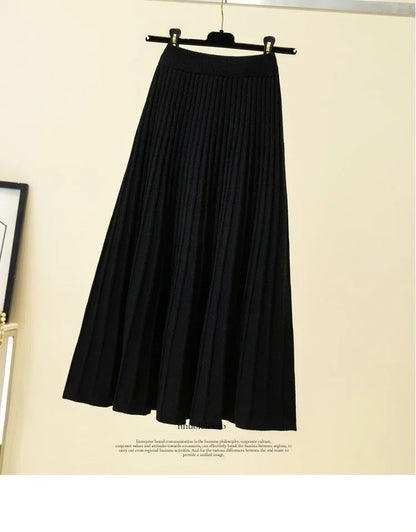 2025 Brand Designer Women Autumn Winter Thick Elegant Chic Solid Pleated Skirt High Waist Luxury Fashion With Elastic Female.