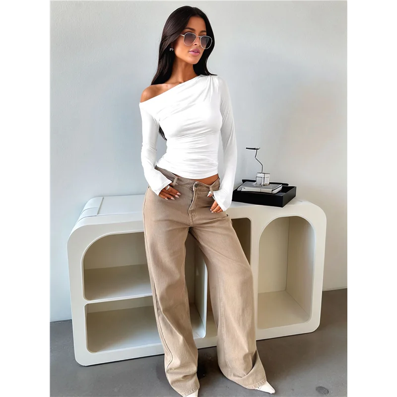 Women's Off Shoulder Tops Dressy Long Sleeve Asymmetrical Slim Fit Going Out Fall Blouse Ruched Shirts.