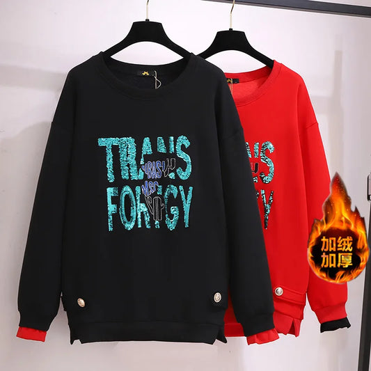 150 kg Übergröße Damen Büste 157 Winter Fleece Lose Pailletten Brief Sweatshirts Rundhals Pullover Top 5XL 6XL 7XL 8XL 9XL