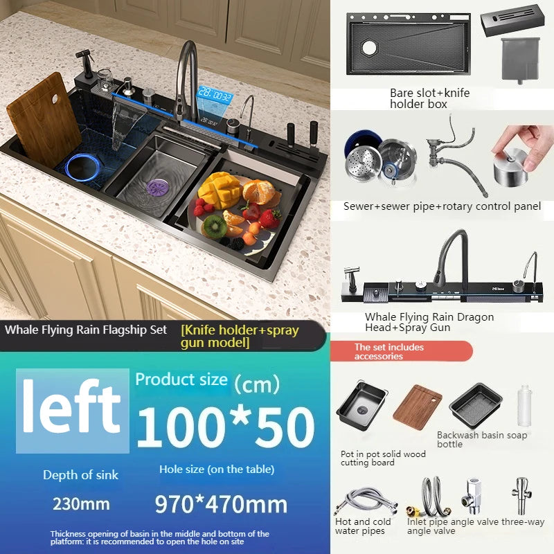 Stainless Steel Waterfall Kitchen Sink Extra Large Single Slot Multifunctional Sinks Digital Display Dishwashing Basin