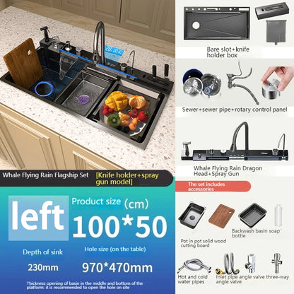 Stainless Steel Waterfall Kitchen Sink Extra Large Single Slot Multifunctional Sinks Digital Display Dishwashing Basin