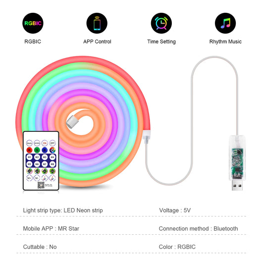 Bluetooth RGBIC WS2812 5V Dream Color RGB LED Neon lights Waterproof Soft Tube Flexible Dimmable Ribbon Tape Lamp TV Room Decor.