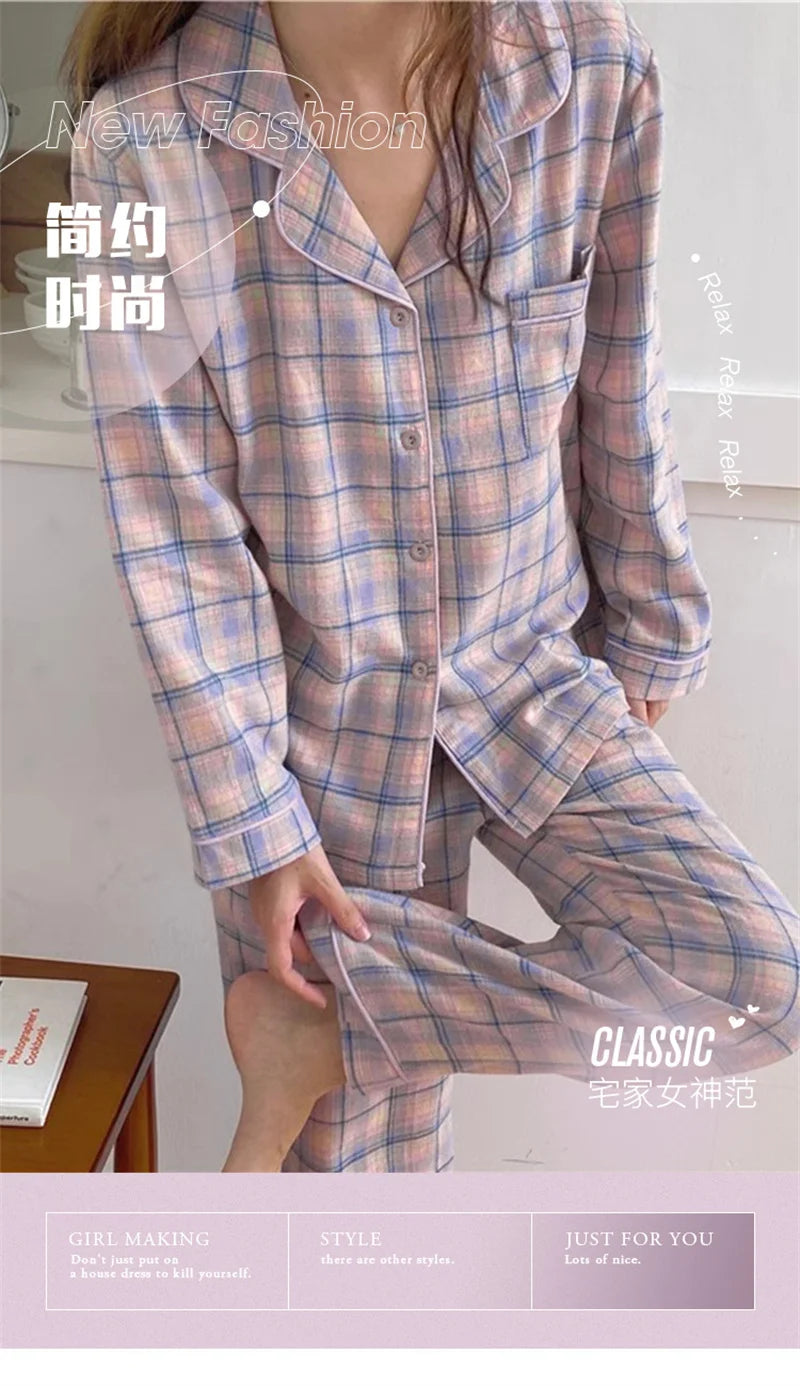 Pajamas Female Autumn and Winter Long-Sleeved Sweet Homewear Two-Piece Tide Cardigan Lapel Plaid Homewear 1.