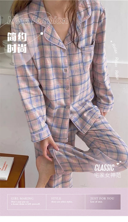 Pajamas Female Autumn and Winter Long-Sleeved Sweet Homewear Two-Piece Tide Cardigan Lapel Plaid Homewear 1.