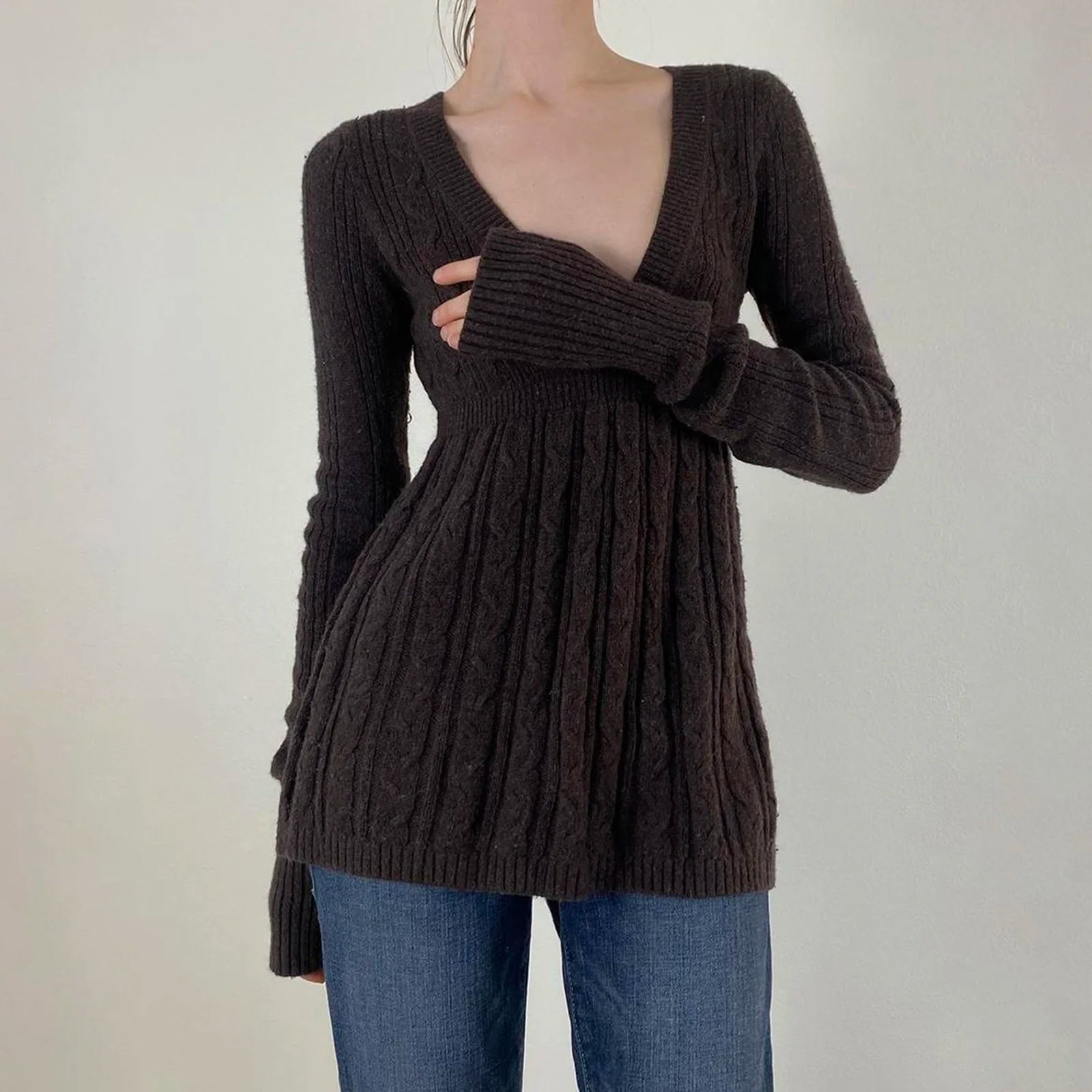 Y2K Zopfmuster-Pullover für Damen, weicher Pullover mit V-Ausschnitt, Tunika, solider A-Linien-Saum, langer Pullover, dehnbar, lässig für Herbst und Winter.