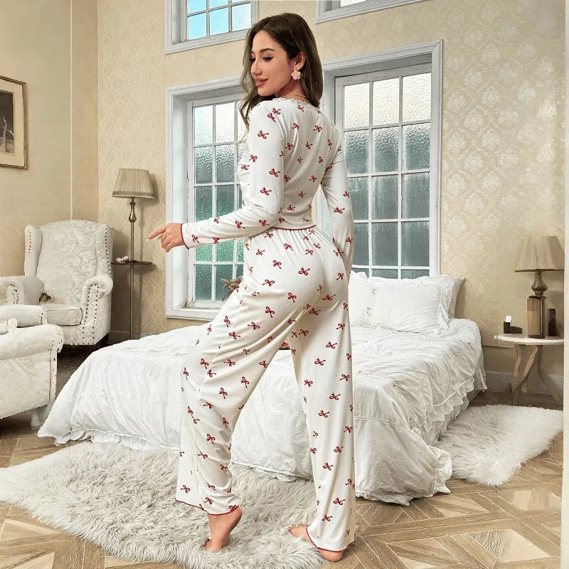 Winter Autumn Pajama Set for Women Sleepwear Lace Trim Bows Print Long Sleeve Top & Full-Length Pants Nightwear Loungewear.