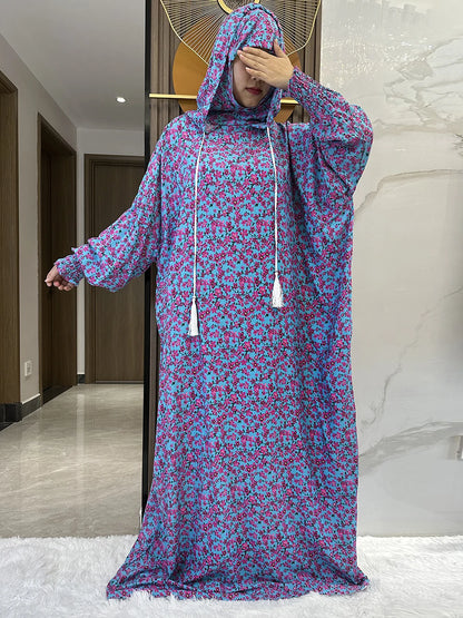 New Ramadan Muslim Two Hats Abaya Dubai Turkey Islam Prayer Clothes Floral Cotton Long Dress Islam Women Dress Kaftan.