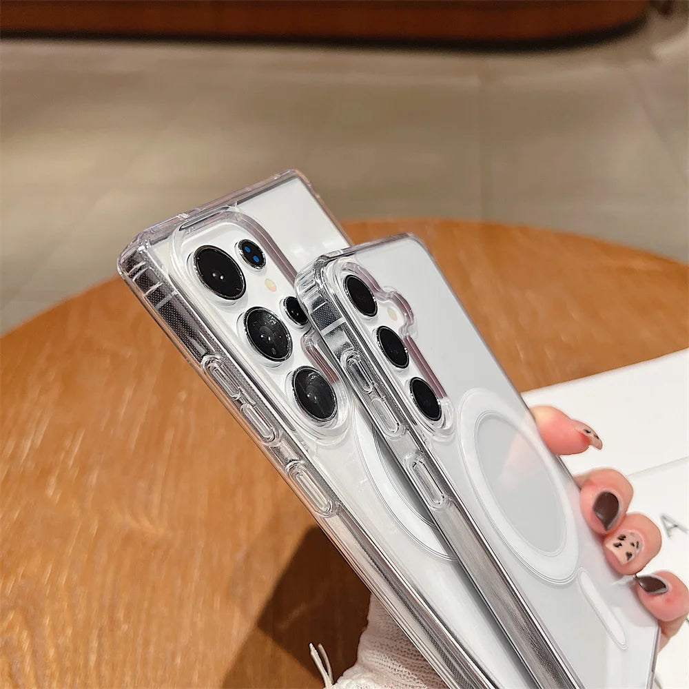 Magsafe Magnetic Charge Phone Case For Samsung Galaxy S25 S24 S23 Ultra S22 Plus S21 FE A16 A15 A35 A55 Clear Acrylic Slim Cover.