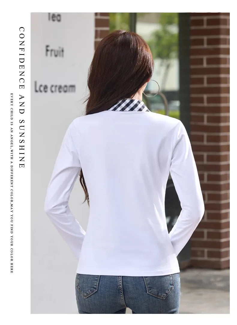 European station lapel long sleeved t-shirt women's new high-end fashion light luxury casual plus size spring and autumn top.