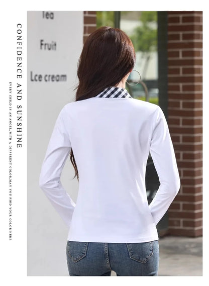European station lapel long sleeved t-shirt women's new high-end fashion light luxury casual plus size spring and autumn top.