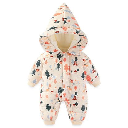 Body für Neugeborene und Mädchen, verdickter, wasserdichter, bedruckter Schneeanzug, 0–24 Monate, Kleinkind-Jungen-Overall mit Kapuze, warmes Winter-Einteiler-Outfit