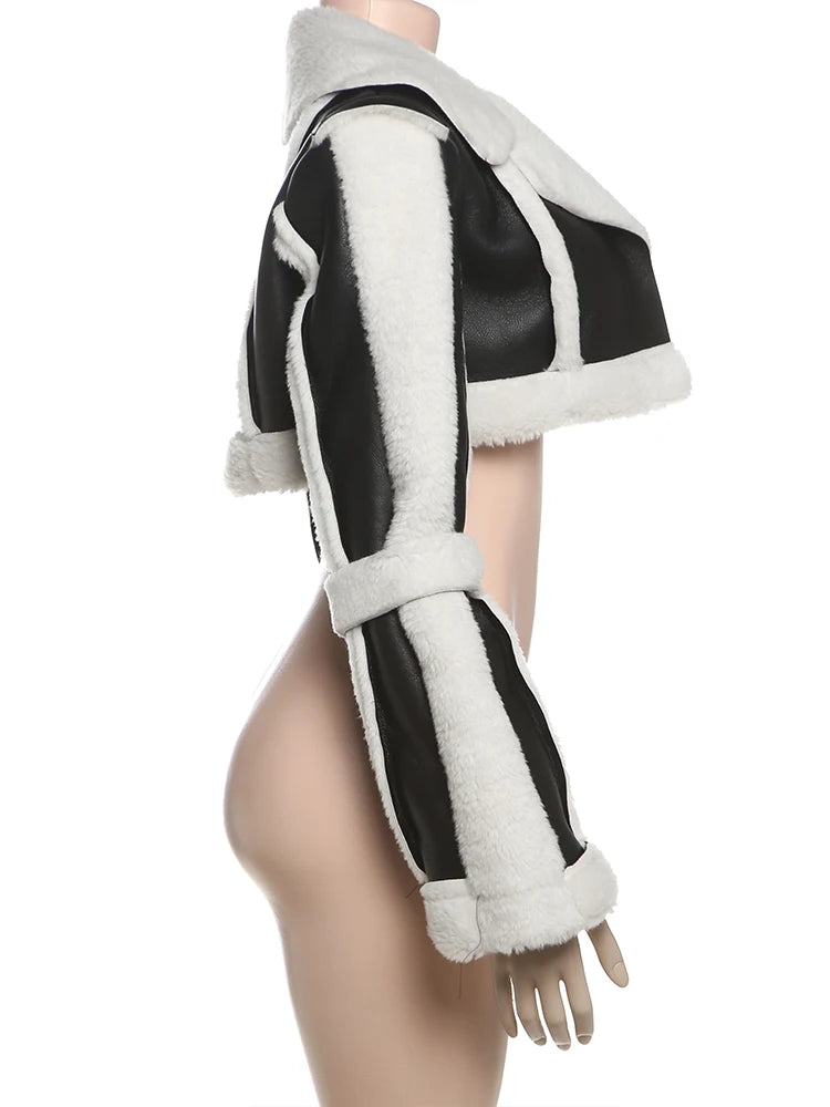 Weird Puss Furry Patchwork Women Crop Jacket Hipster Full Sleeve Open Stitch Hipster Streetwear Warm Outwear Basic Wild Coat.