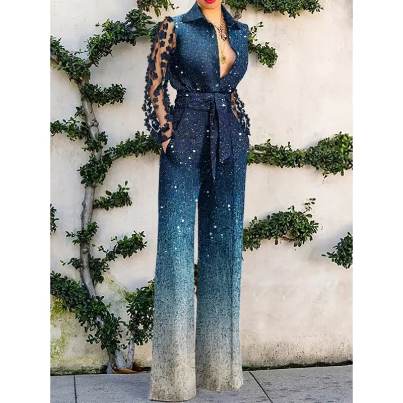 Sexy Fashion Lace Long Sleeve High Waist Single Breasted Wide Leg Pants Overalls Romper Onepices Elegant Women Corset Jumpsuit.