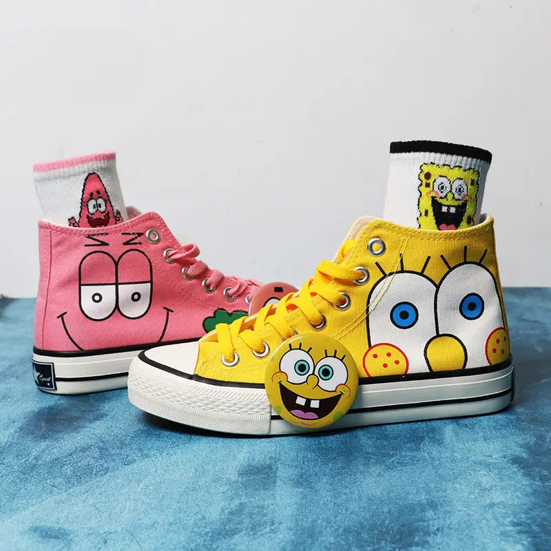 Summer new student Spongebob Squarepants High top canvas shoes cute girl cartoon street sneakers.