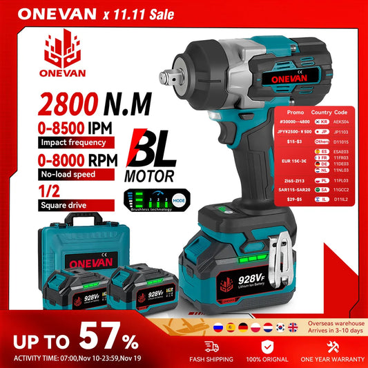 ONEVAN 2800N.M Bürstenloser elektrischer Schlagschrauber 1/2 Zoll Akku-Drehmomentschlüssel Schraubendreher Elektrowerkzeug für Makita 18V Batterie Pin