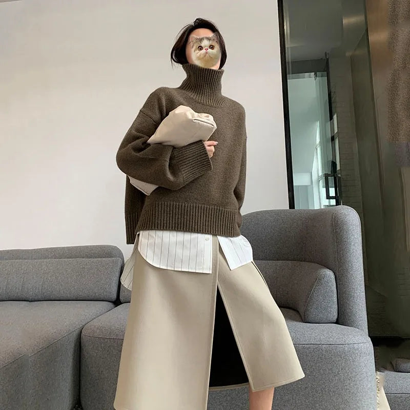 2023 Autumn and Winter New Thick  Sweater Women High Neck Pullover Sweater Warm Loose Knitted Base Sweater Jacket Tops